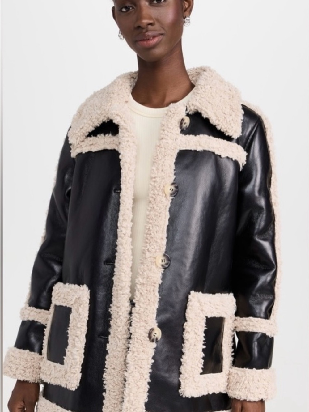 7 For All Mankind Faux Leather Shearling-Trim Coat in Black and Cream